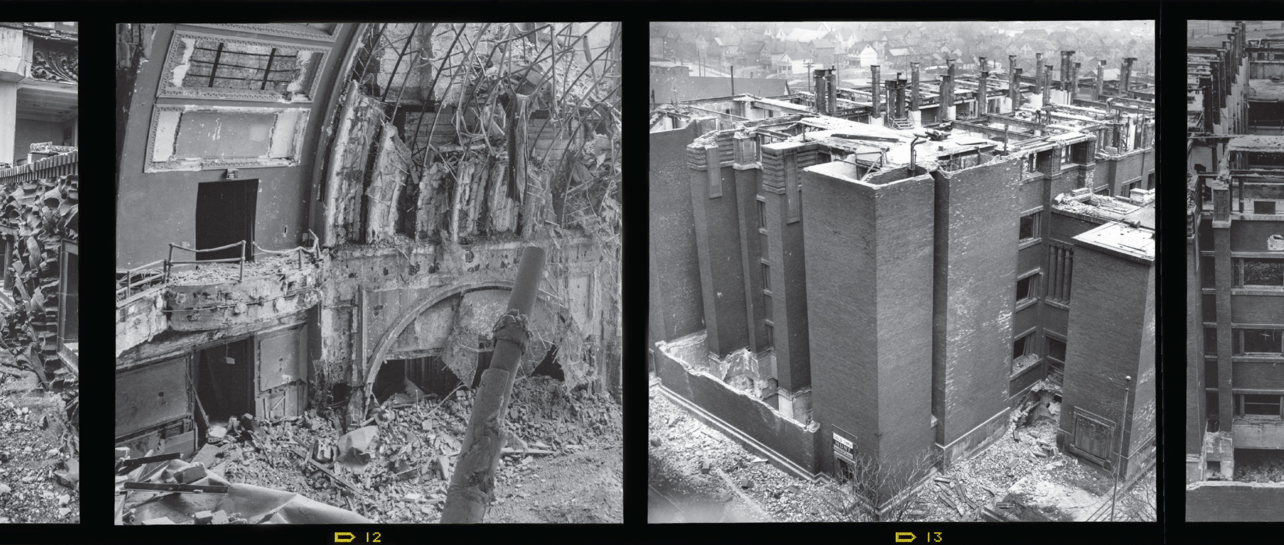 combined image showing photo of Garrick Theatre being demolished and Larkin Administration building being demolished