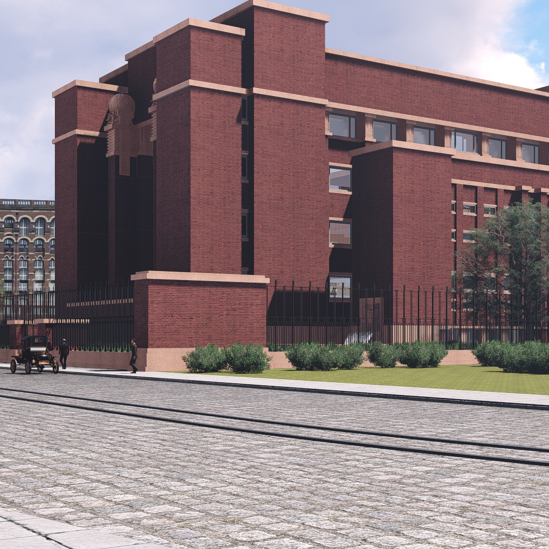 still from animation of Larkin Administration building showing exterior of building