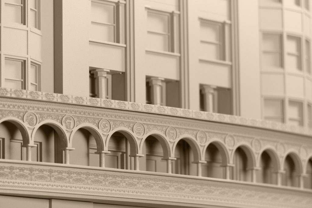 close up of architectural detail on Garrick Theatre scale model