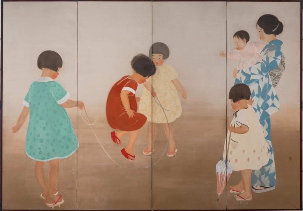 Painting of children jumping rope and woman holding a baby