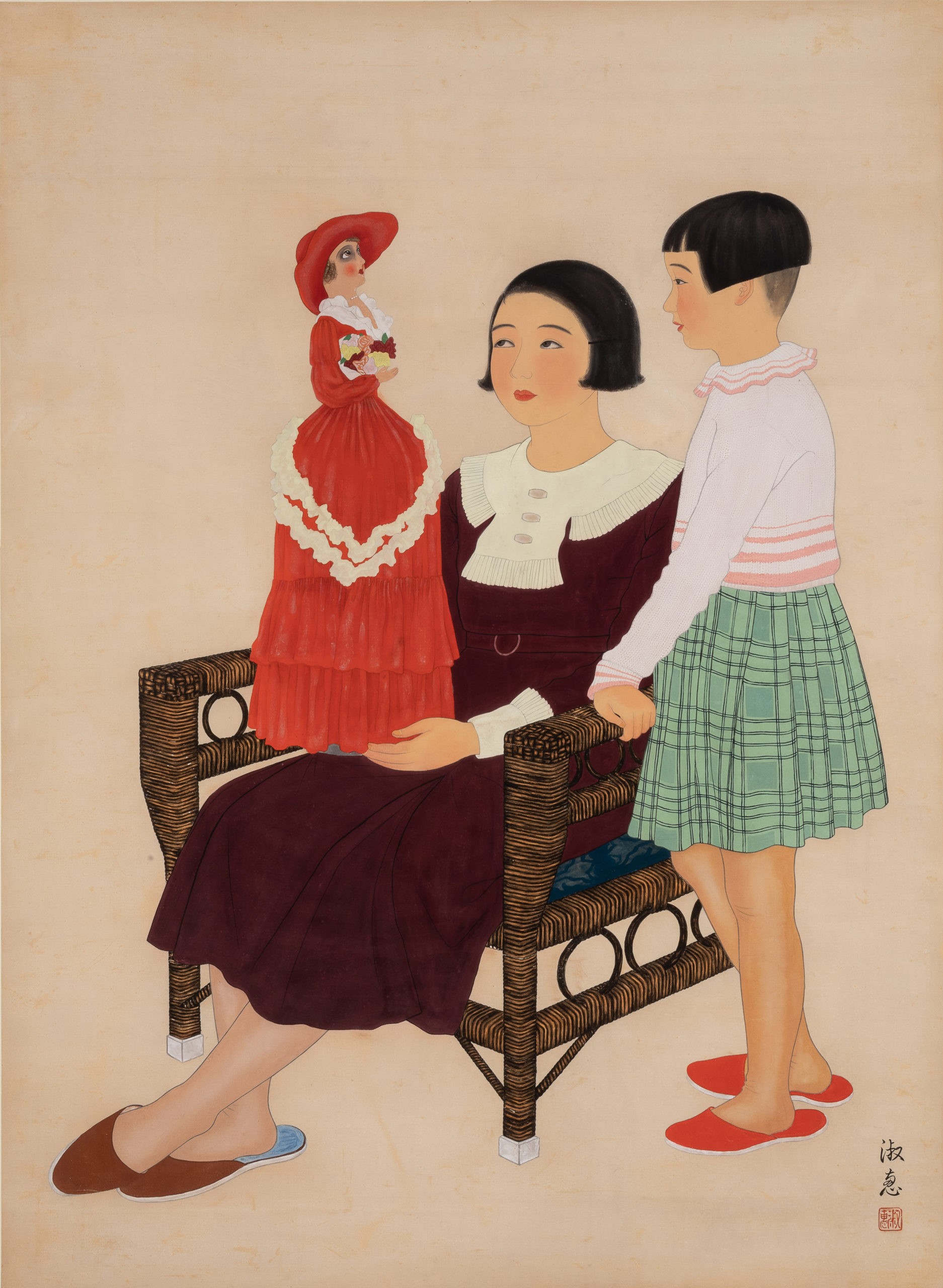 a painting showing a woman sitting in a wicker chair holding up a doll in a French-style red and white dress while a young girl stands next to her, both the woman and girl are looking at the doll