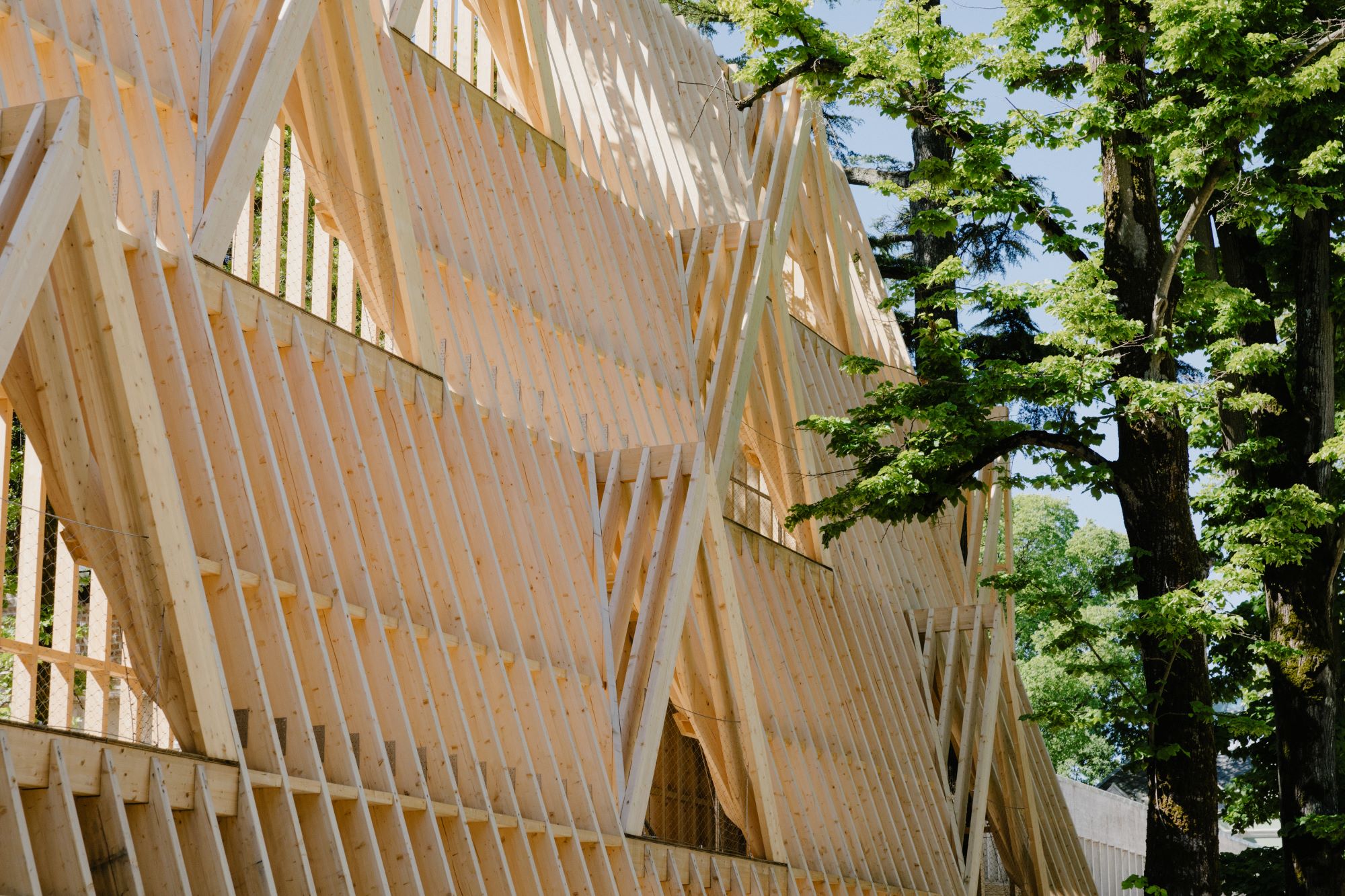 Peaked roof structure made of 2 by 4 wood with trees next to it
