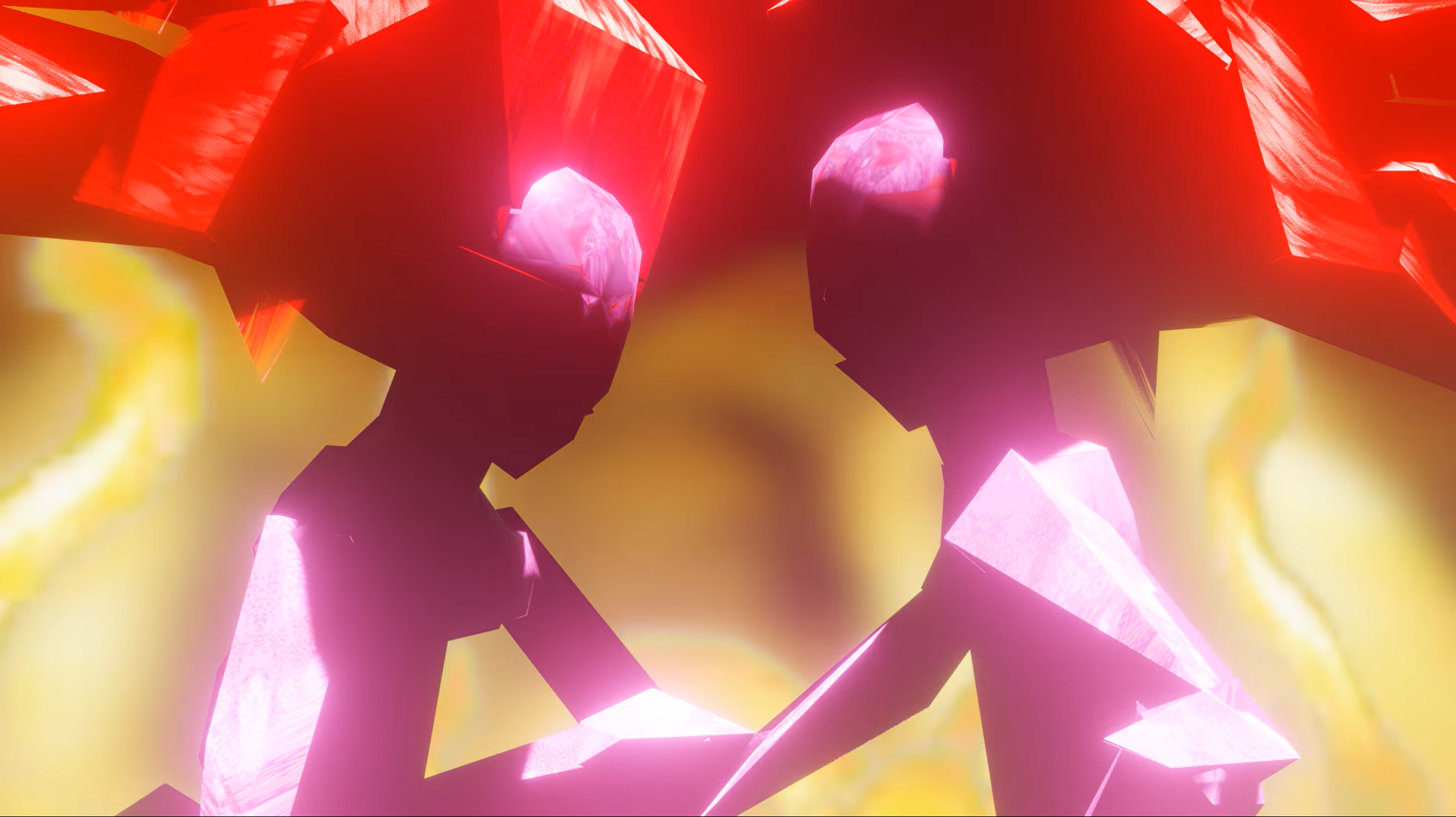 Digital image of two pink avatars in a glowing orange and yellow background.