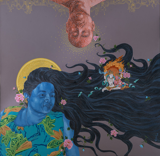 A painting of the artist’s wife in the bottom left corner. Within her long, flowing, black hair that stretches across the canvas sits the forms of Shiva and Parvati, also known as the divine couple Uma and Maheshwora. The artist’s painted head sits at the top border of the grey canvas.