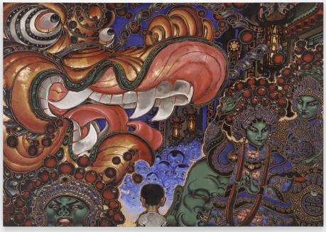 A painting of a dragon and a child.