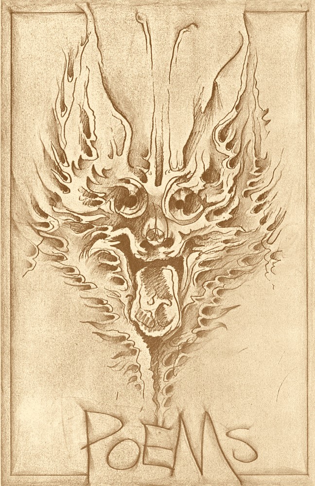 Book cover of Martin Wong's footprints, poems, and leaves. Image is the face of a canine with fire-like fur with the word poems written below the face.